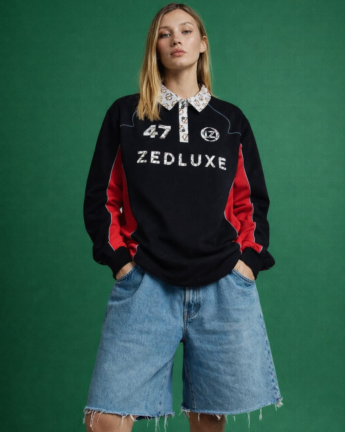Model wearing a statement ZEDLUXE jacket
